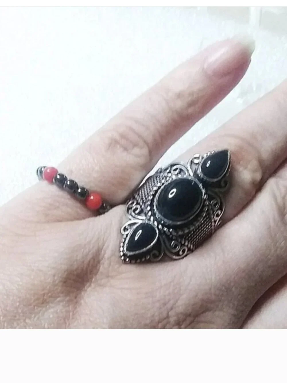 Dark Academia & Gothic Core: Handcrafted Red Coral & Metallic Hematite Midi Ring
